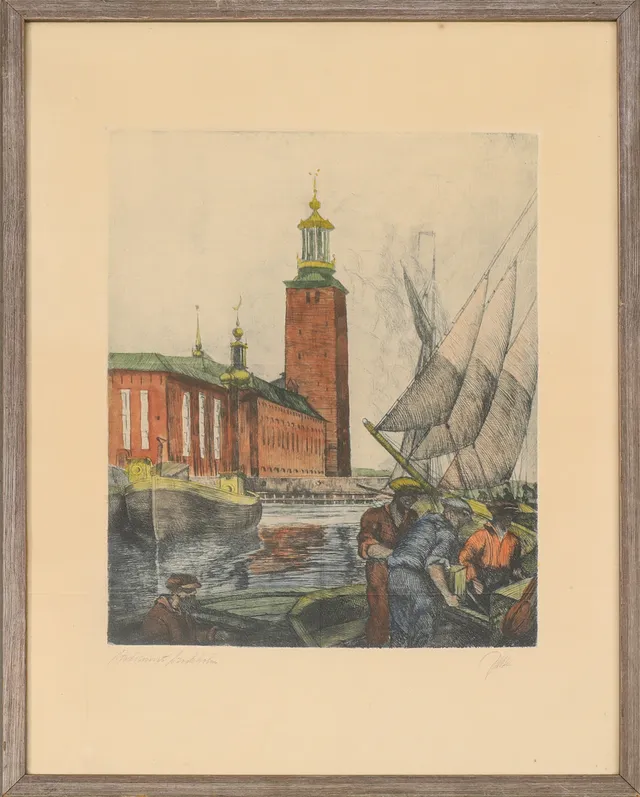 GASTON SMIDT. Etsning, Stadshuset Stockholm, signerad.