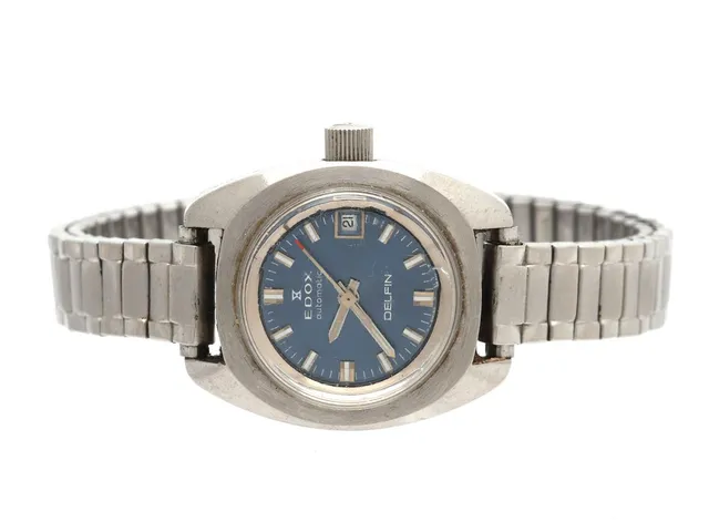 EDOX, Delfin (T-Swiss Made-T), Boett nr. 200490, damur, 25 mm, stål, automatisk, plexiglas, datum, ca 1970, metallänk ej original.