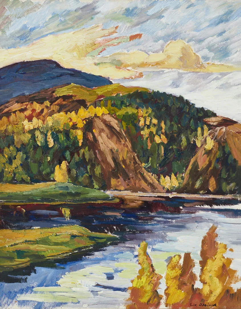 ERIK OSSLUND (1913–1982): "Utsikt från Helmer Osslunds stuga (Sollefteå), signerad, Erik Osslund, olja på pannå. — Paintings — Crafoord Auktioner Stockholm