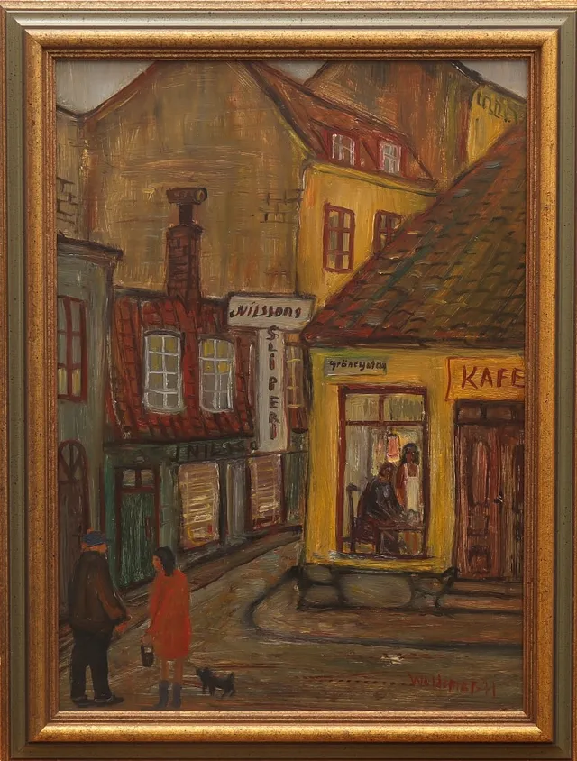 ÅKE WALDEMAR LARSSON. Olja på pannå, Grönegatan Malmö, signerad Waldemar, daterad- 71.