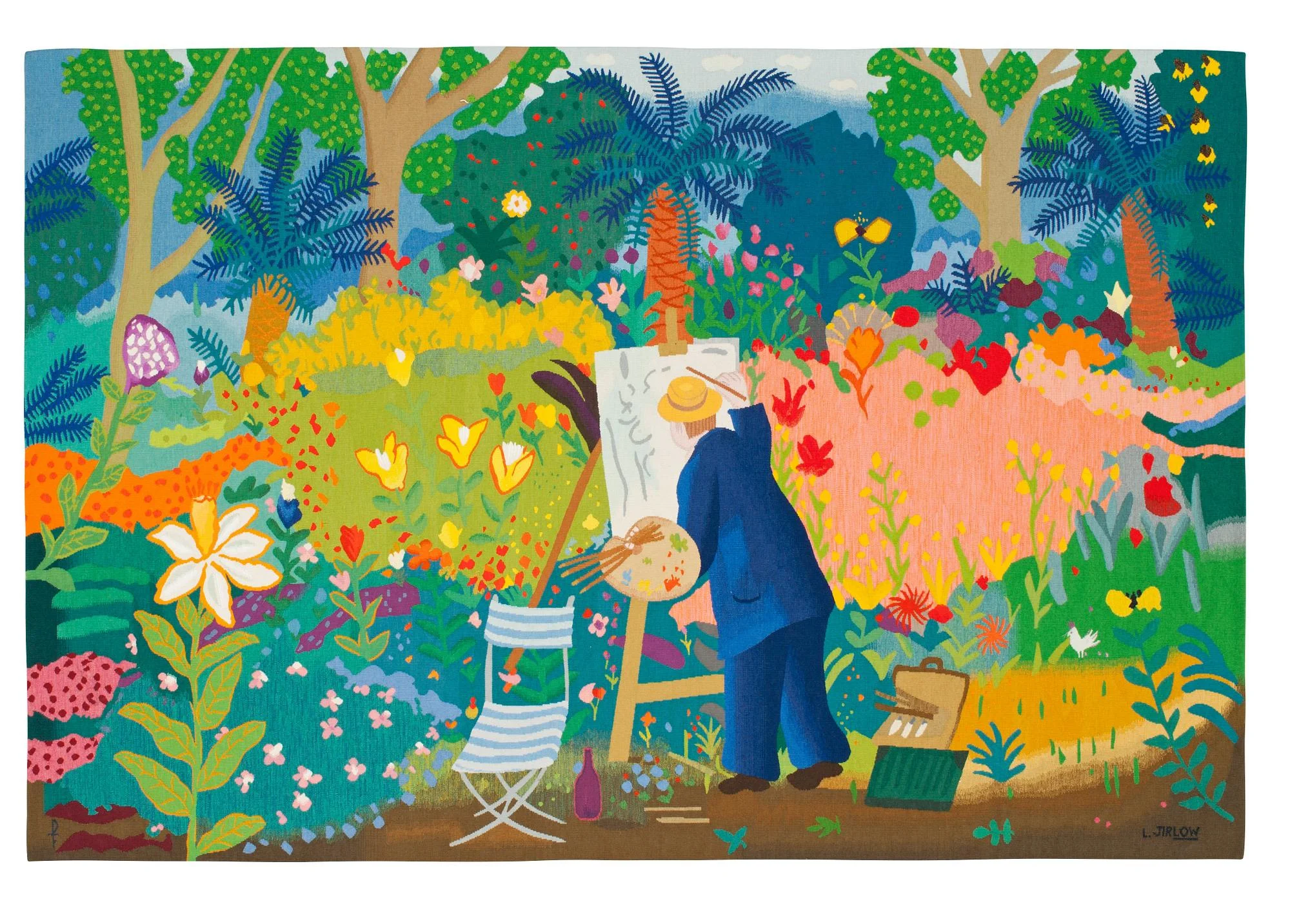 VÄVD TAPET. "Målaren i sin trädgård". Gobelängteknik. 160 x 238 cm. Signerad PF L. JIRLOW. — Bukowskis