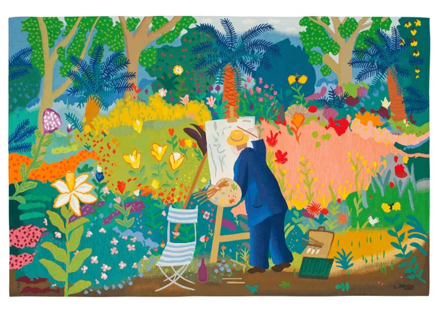 VÄVD TAPET. "Målaren i sin trädgård". Gobelängteknik. 160 x 238 cm. Signerad PF L. JIRLOW.