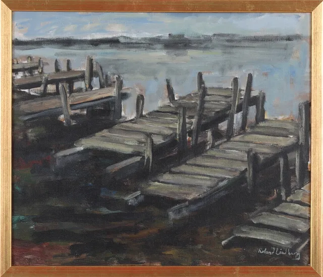 ROLAND LINDBERG. "Bryggor", olja på duk, signerad.