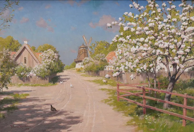 JOHAN KROUTHÉN. olja på duk, sommardag vid bygata med pickande hönor och blommande träd, signerad, daterad 1913.