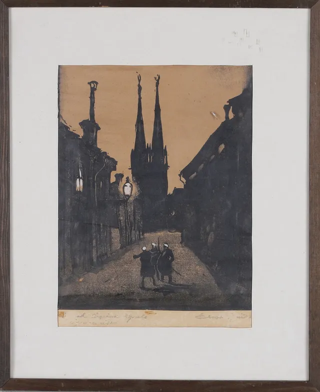 ERNST NILSSON. Grafiskt blad, ''Serenad'' Åsgränd, Uppsala'', signerad.