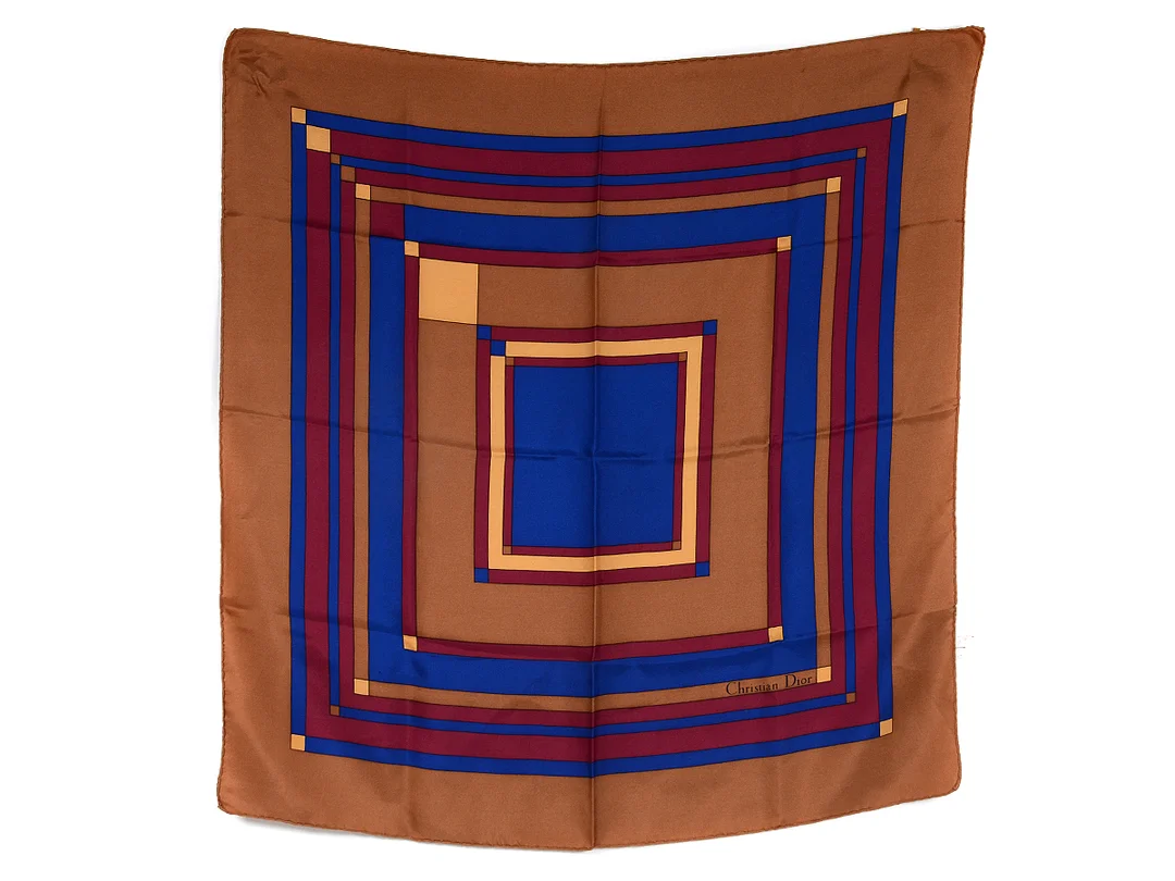 SCARF, CHRISTIAN DIOR, vintage, 100 % siden, 75x75 cm, mellanbrun, vinröd, klarblå. — Accessoarer/Scarves — Kaplans