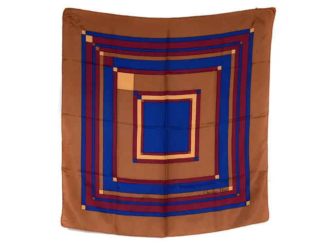SCARF, CHRISTIAN DIOR, vintage, 100 % siden, 75x75 cm, mellanbrun, vinröd, klarblå.