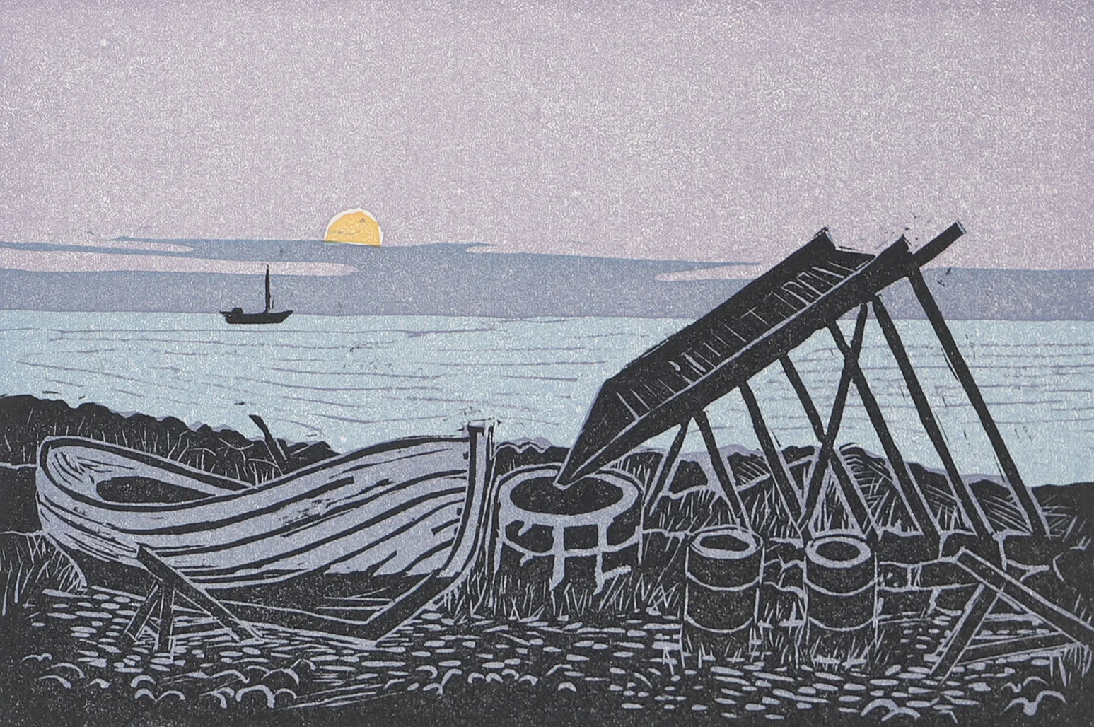 BERTIL LILJEBLAD. Kustparti med båt, färglitografi, signerad -87. — Engravings & Prints — Helsingborgs Auktionskammare