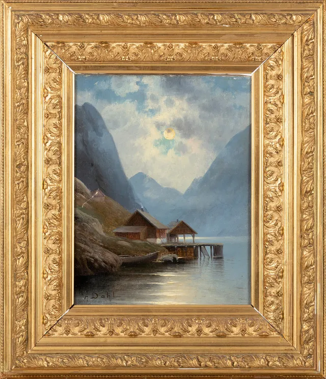 ANSELM DAHL. Månsken över fiskehemman, signerad A. Dahl, olja på duk.