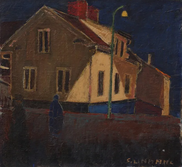 STEN LINDAHL. Kvällsmotiv, Oskarshamn. Olja på duk, signerad.