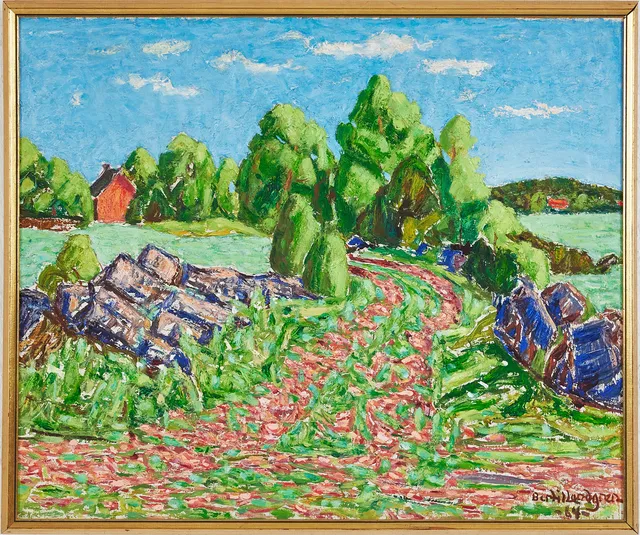 BERTIL LUNDGREN (1900-1979). Löttorp, Öland, olja på pannå, signerad och daterad -64.