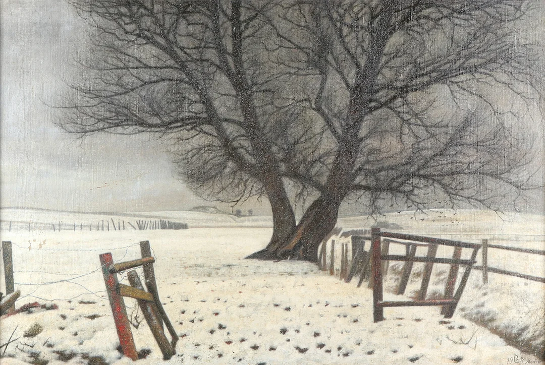 OIDENTIFIERAD KONSTNÄR, OTYDLIGT SIGNERAD. Oljemålning på duk. Vinterlandskap. Troligen Danmark. — Paintings — Skånes Auktionsverk