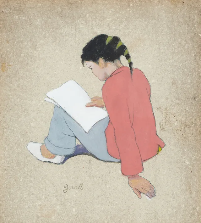 GRETA GERELL (1898-1982). Läsande flicka, signerad Gerell, gouache.