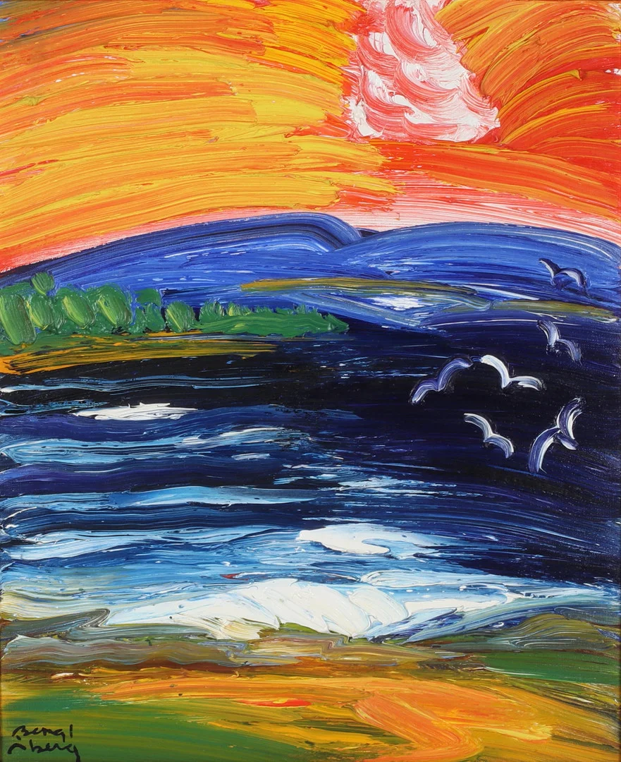 BENGT ÅBERG. Solnedgång med fåglar, olja på duk, signerad. — Paintings — Stadsauktion Sundsvall