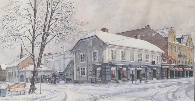 MATS ARONSSON. "Kv. Nunnan i Växjö sett från hörnet Storgatan/Västergatan." Akvarell, signerad och daterad 79.