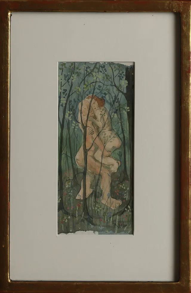 ÅKE HOLM. Förälskat par, akvarell, signerad.