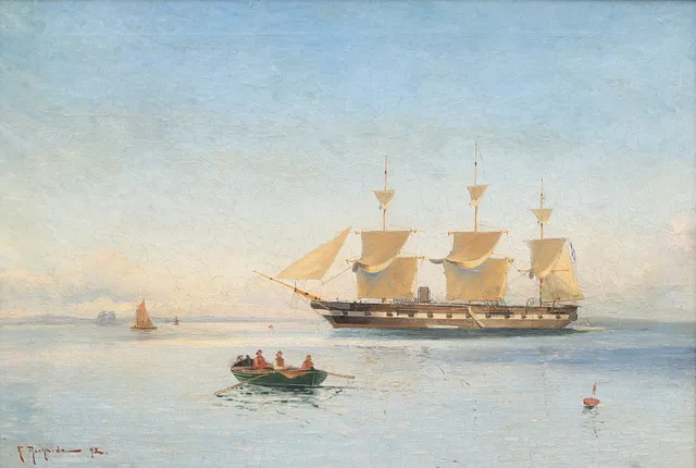 LUDVIG RICHARDE. "Fregatten Vanadis till ankar i Öresund", olja på duk, signerad och daterad -92.