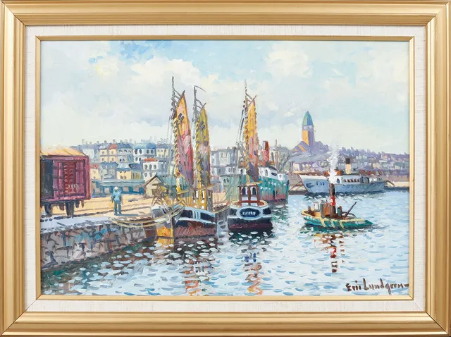 ERIC LUNDGREN. Göteborgs hamn, olja på duk, signerad.