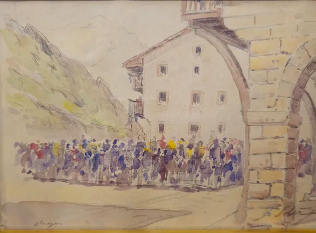 DOMINGO SOLER. REUNIÓN EN LA PLAZA DEL PUEBLO. ACUARELA SOBRE PAPEL.