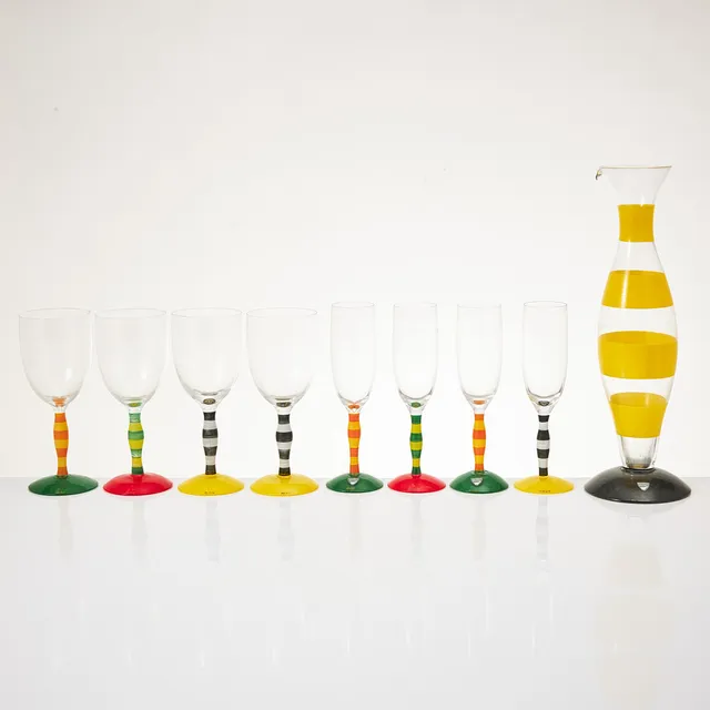 ANNE NILSSON. VINGLAS, CHAMPAGNEGLAS, KARAFF, 9 dlr, "Polka Clown", sent 1900-tal, Orrefors.
