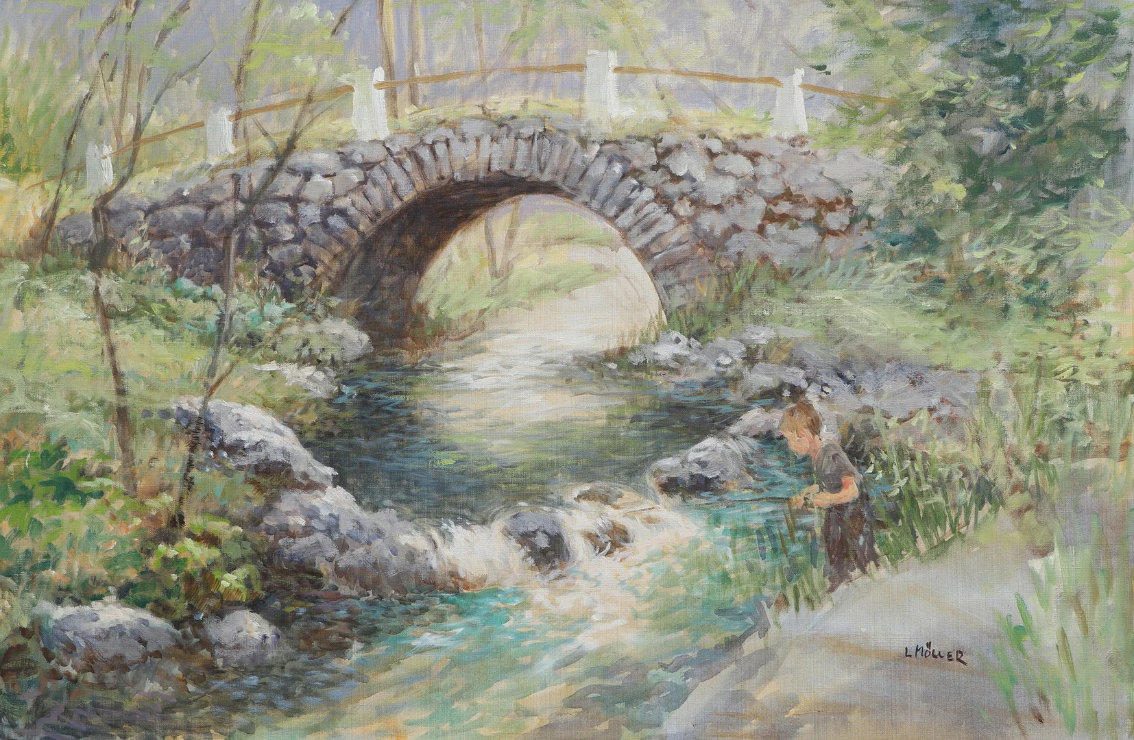 LENNART MÖLLER. Blandteknik på duk, barn med metspö, signerad. — Paintings — Ekenbergs Auktioner