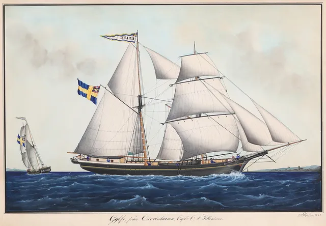 LARS PETTER SJÖSTRÖM (1820-1896). "Gylfe från Oscarshamn, Captn. C. A. Pettersson". Blandteknik på papp, signerad och daterad 1868.