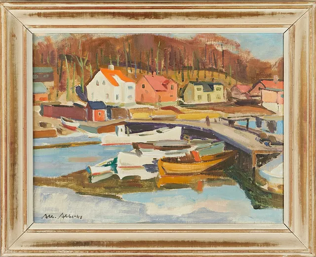 ALBERT ABBE. Hamnbild, olja på duk, signerad.