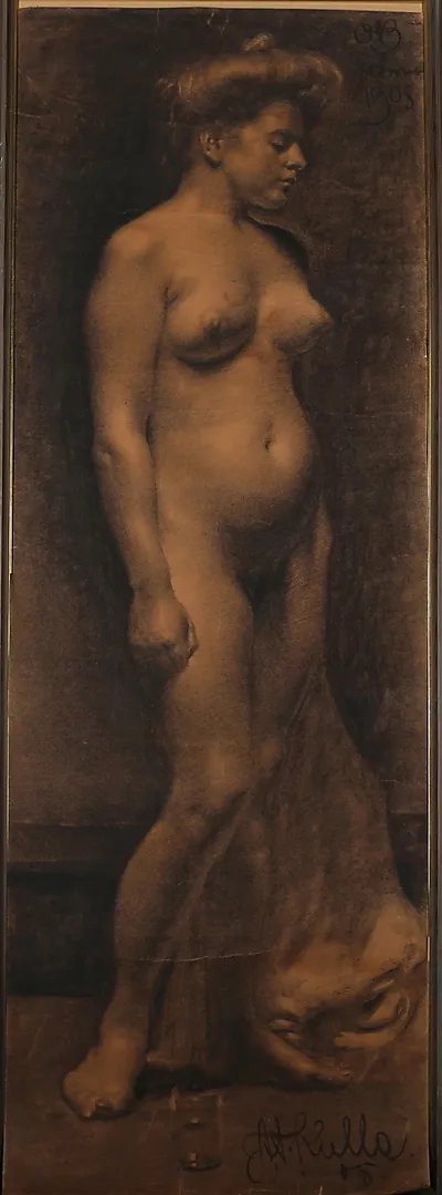 AXEL KULLE. Modell. kolteckning, signerad.