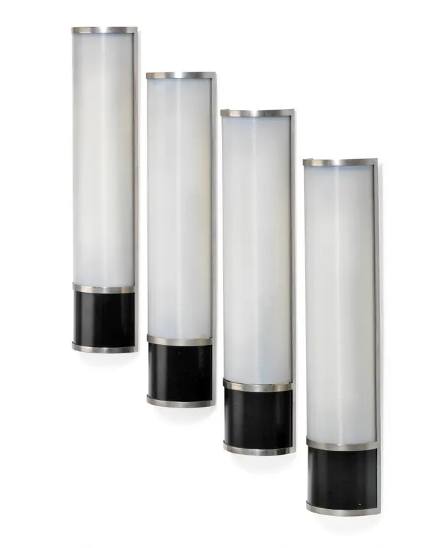 Set of four wall sconces with matte chromed and black lacquered metal frame. Matte striped acrylic shade. Designed and manufactured 1956 for the FLSmidth headquarters. H. 60 cm. (4)