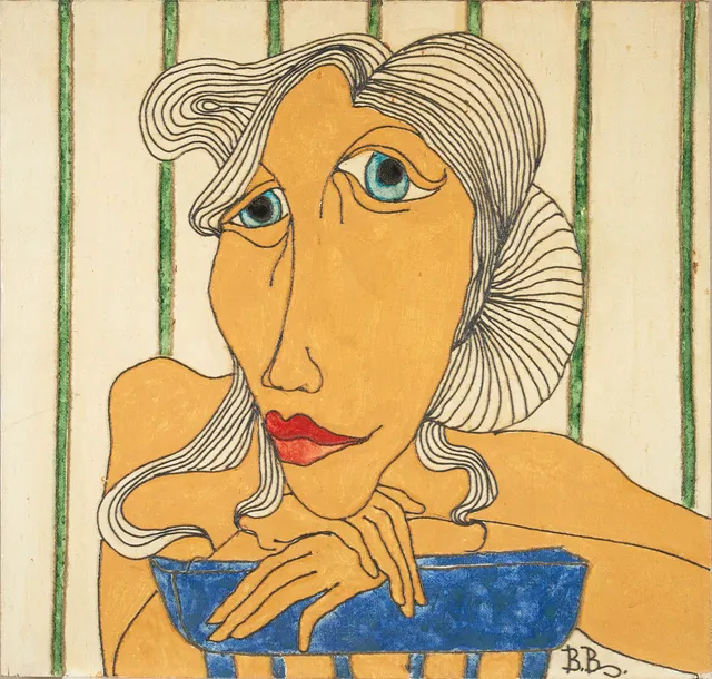 BENGT BORG (1931-1994): Modell vid blå stol, monogramsignerad BB, olja/mixed media på pannå.