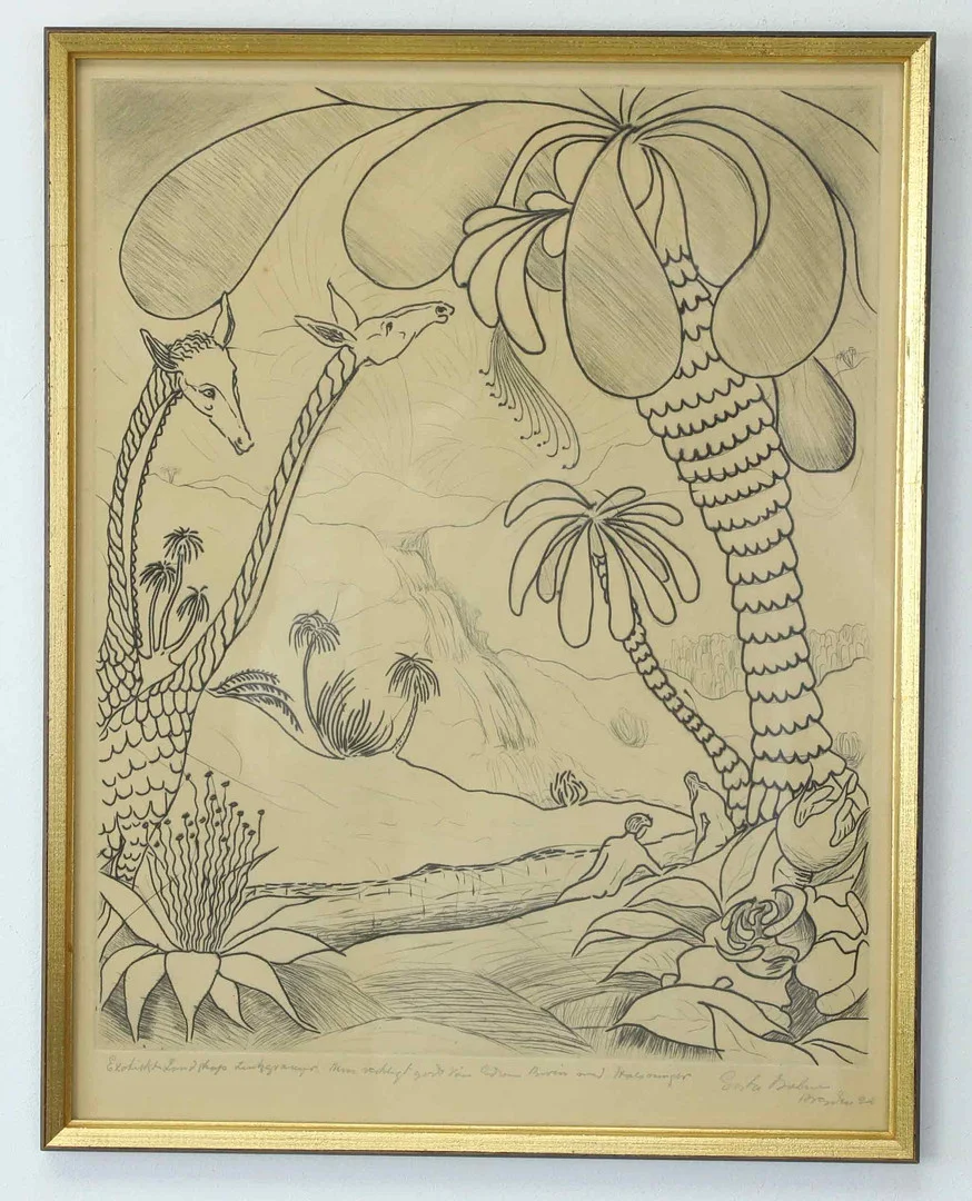 GÖSTA BOHM. torrnålsgravyr, Exotiskt landskap, zinkgravyr, maj 1922, signerad Gösta Bohm. — Engravings & Prints — Hälsinglands Auktionsverk