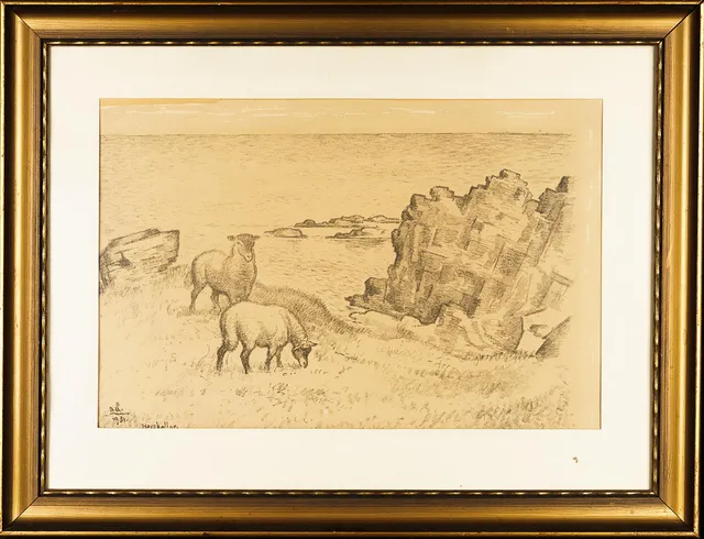 ACKE ÅSLUND. Blyerts teckning, "Havsballad" signerad, daterad 1931.