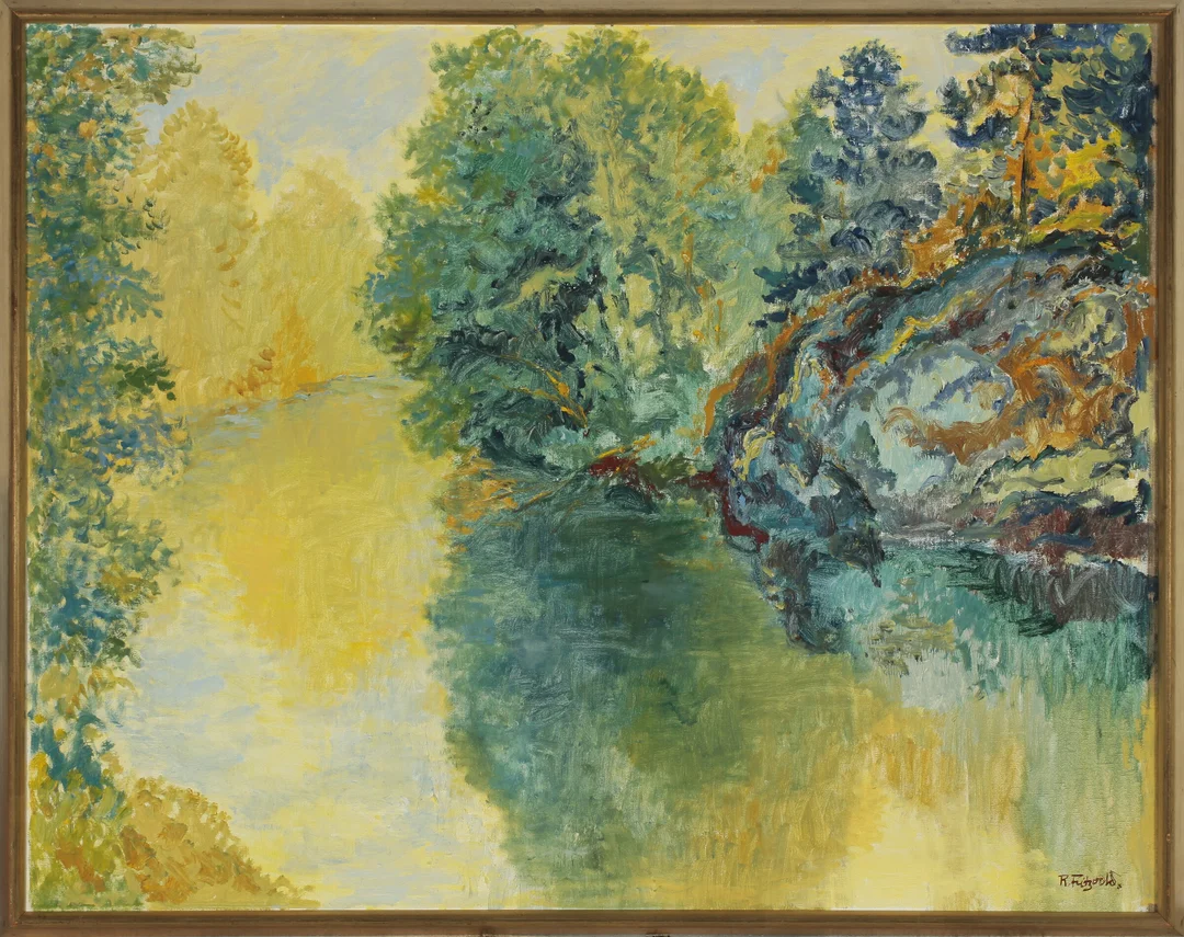 Fritzvold, Reidar — "En stille aften ved elven" 1976 — Kunst/Maleri — Blomqvist