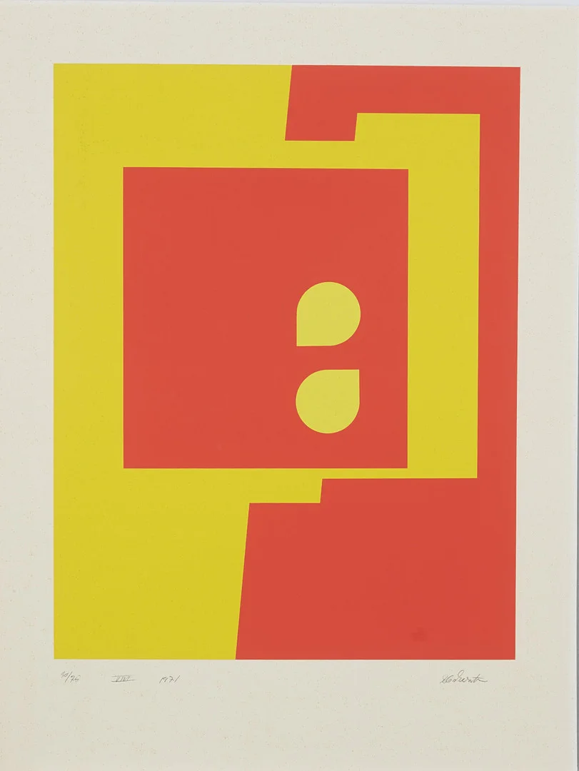IB GEERTSEN (1919-2009). Komposition, färgserigrafi, signerad samt numrerad 30/75. — Engravings & Prints — Stockholms Auktionsverk Magasin 5
