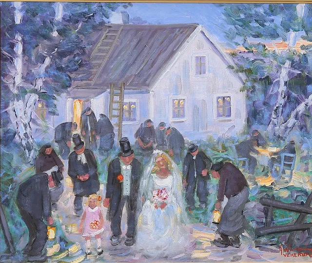 ÅKE WICKSTRÖM. "Johan i Hultet gifter sej med Lina i Sand-torpet", olja på duk, signerad.