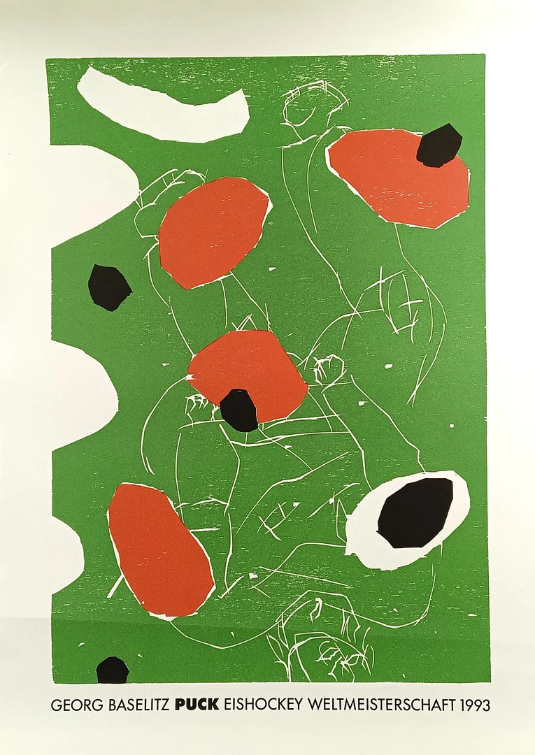 - BASELITZ, GEORG. NACH. Plakat "Puck grün - Eishockey Weltmeisterschaft 1993", Farbholzschnitt auf Papier. — Engravings & Prints — Auktionshaus Blank