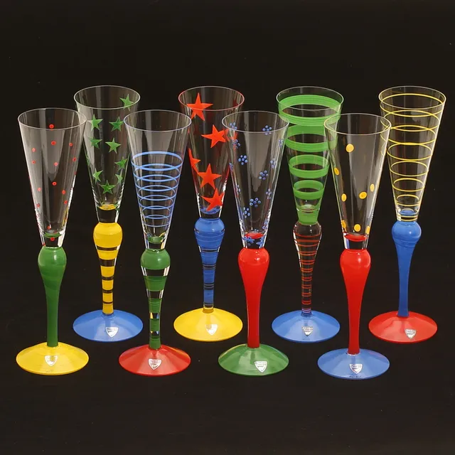 ANNE NILSSON. Champagnestrutar, 8 stycken, glas, "Clown", Orrefors.