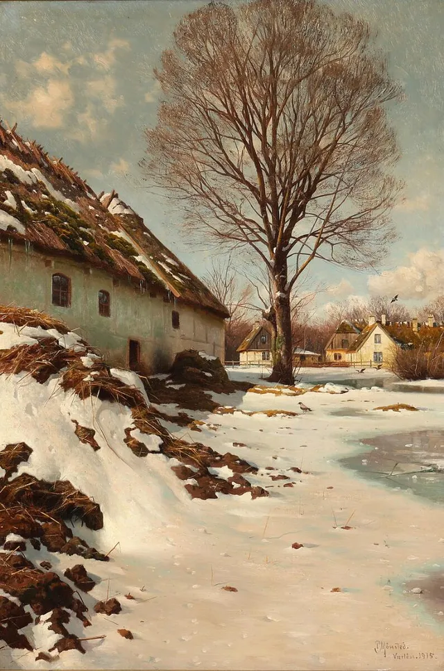 A winter's day in Værløse. Signed and dated P. Mønsted Værløse 1915. Oil on canvas. 75×50.5 cm.