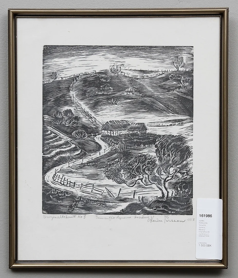 KARIN PERSSON. "Innanför dynerna Haväng". Orginalträsnitt, signerad och daterad 1938. — Engravings & Prints — Gomér & Andersson Linköping