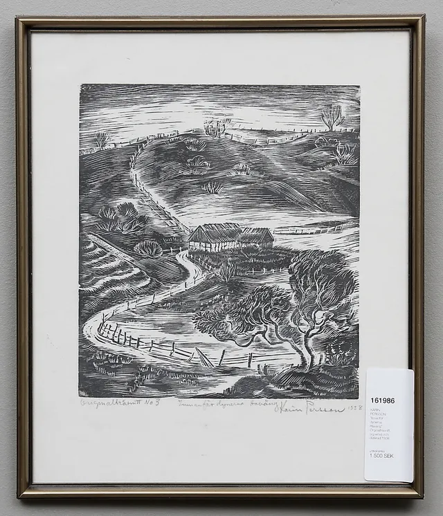 KARIN PERSSON. "Innanför dynerna Haväng". Orginalträsnitt, signerad och daterad 1938.