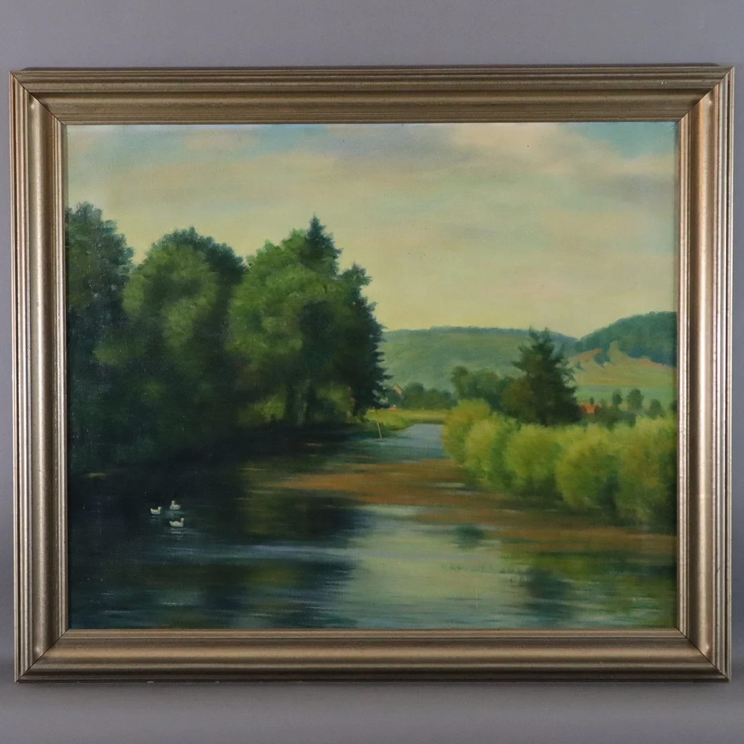 - PREISS, KARL. Flusslandschaft mit Enten, Öl auf Leinwand. — Paintings — Auktionshaus Blank