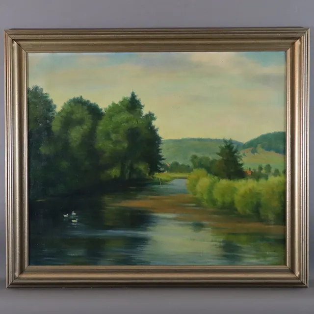 - PREISS, KARL. Flusslandschaft mit Enten, Öl auf Leinwand.
