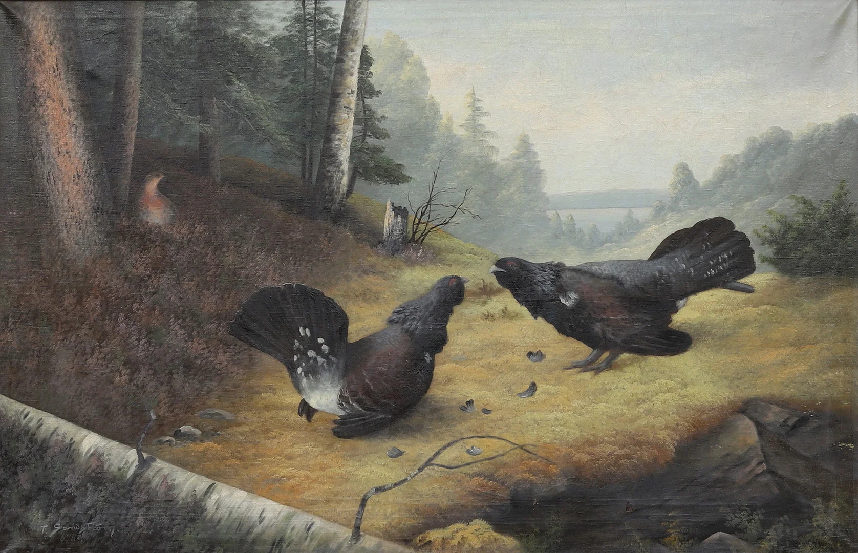 THERESIA SANDSTRÖM (1893-1981). Tjäderslagsmål, olja på duk, signerad. — Paintings — Garpenhus Auktioner