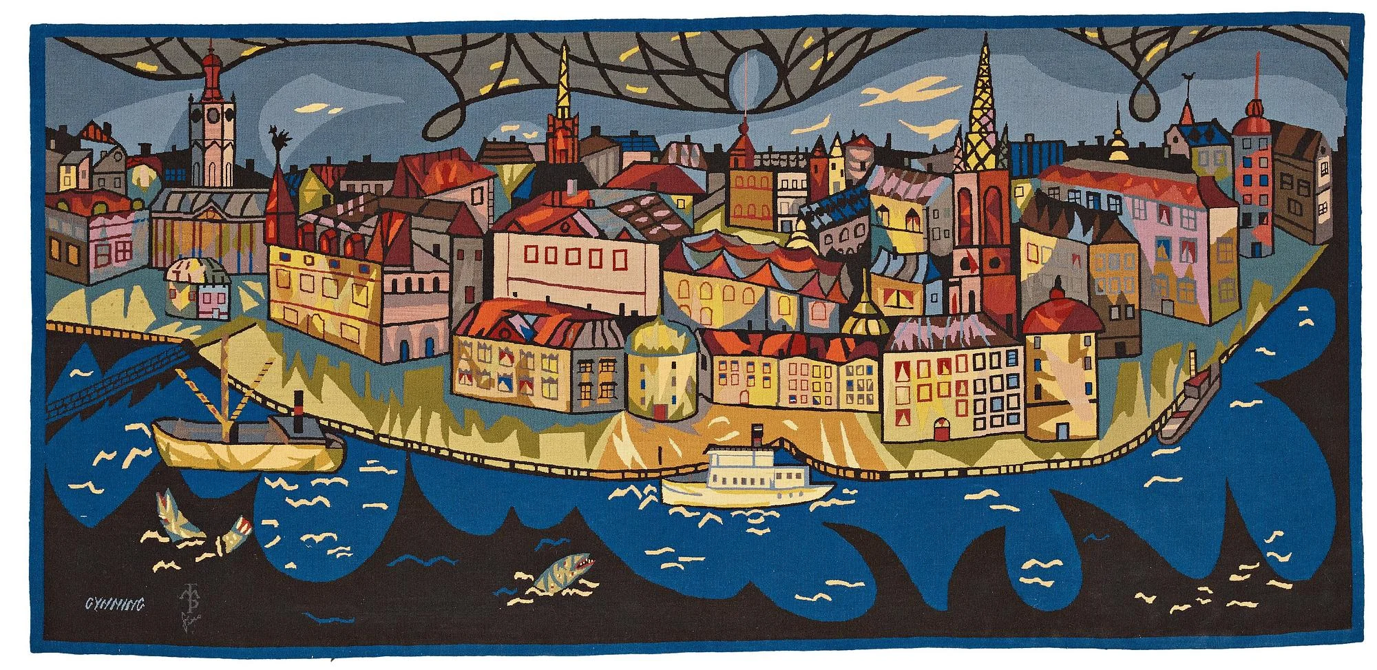 Lars Gynning, VÄVD TAPET, "La Vieille Ville" ("Gamla Stan"), gobelängteknik, ca 93,5 x 198,5 cm, signerad GYNNING MTP fino. — Bukowskis