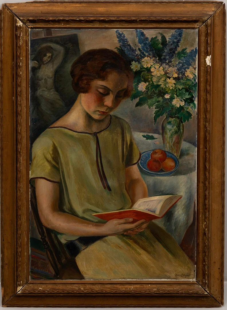 CARL MAGNUS LINDQVIST (1884-1977). Porträtt av läsande ung kvinna , olja på duk, signerad. 1900-talets första hälft. — Paintings — Auktionshuset Kolonn