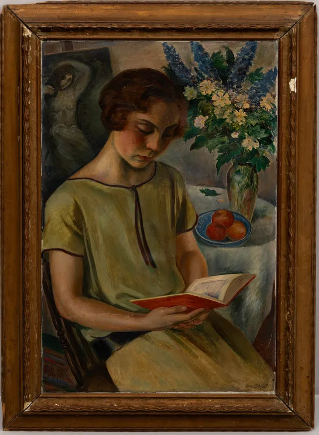 CARL MAGNUS LINDQVIST (1884-1977). Porträtt av läsande ung kvinna , olja på duk, signerad. 1900-talets första hälft.