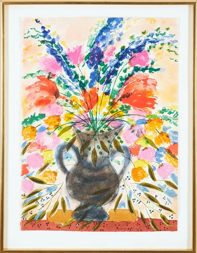 LENA LINDERHOLM. blomsterstilleben, Lena A Linderholm, numrerad EA, färglitografi.