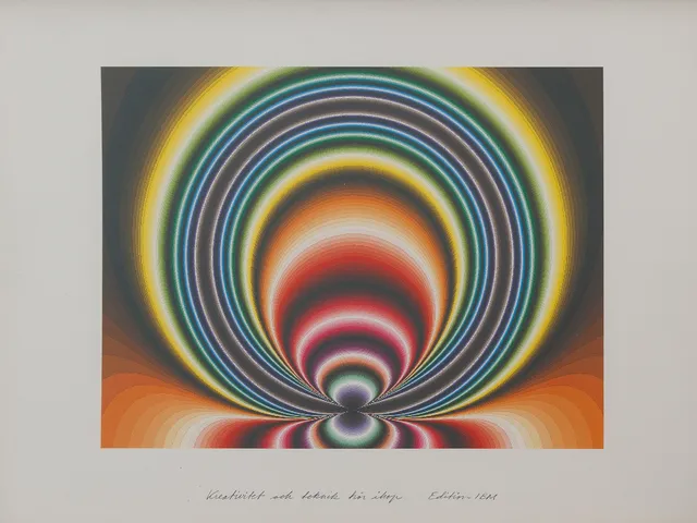 STURE JOHANNESSON. färgseriegrafi, "Kreativitet och teknik hör ihop", edition IBM, Tumba Grafik 1989.