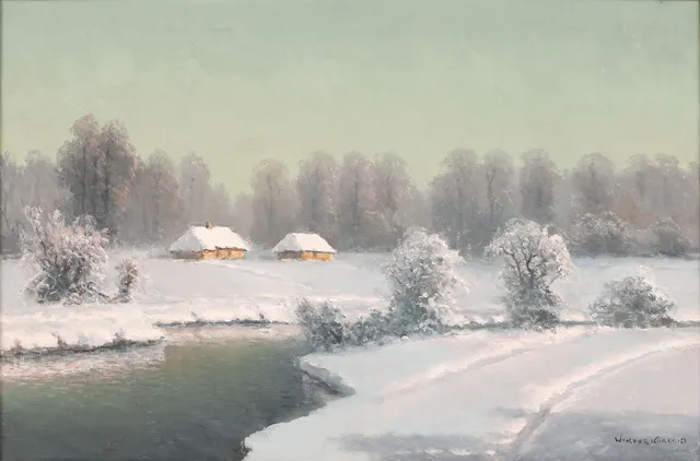WIKTOR KORECKI. Vinterlandskap med hus, olja på duk, signerad.