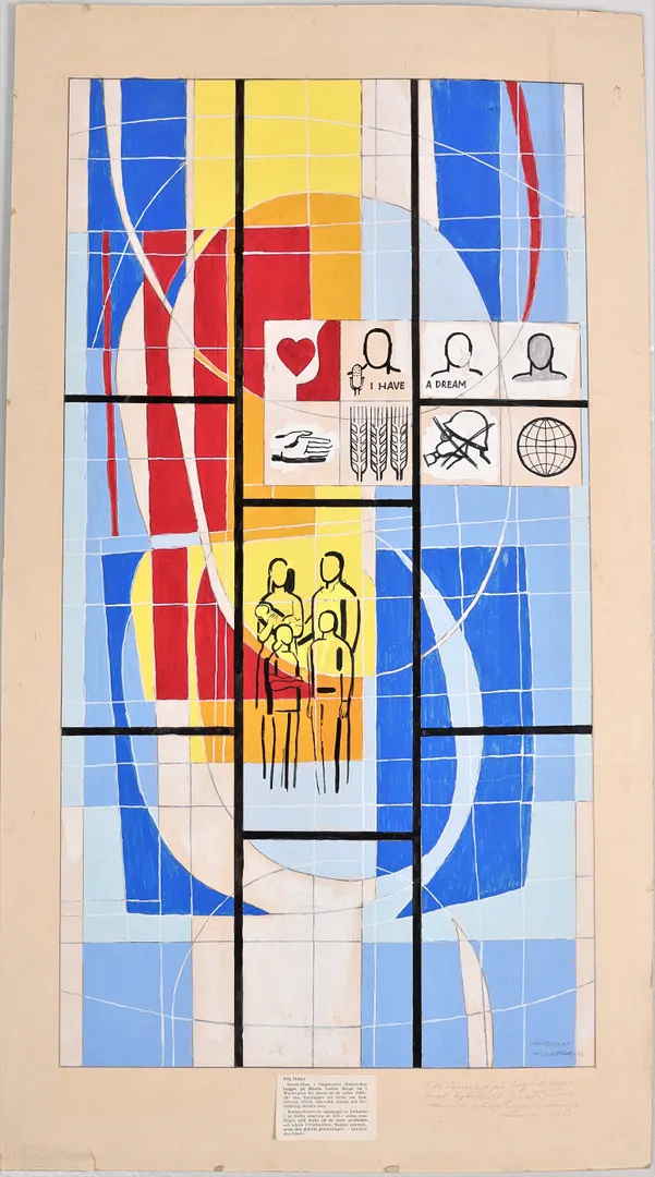NILS MÖLLER. 1917-2004, SKISS, förlaga till färgfönster "Gemenskap", av Lennart Hansson och Nils Möller 1972.